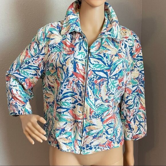 Coldwater Creek 3/4 Sleeve Colorful Watercolor Design Floral Zipper Jacket Large - Picture 1 of 13